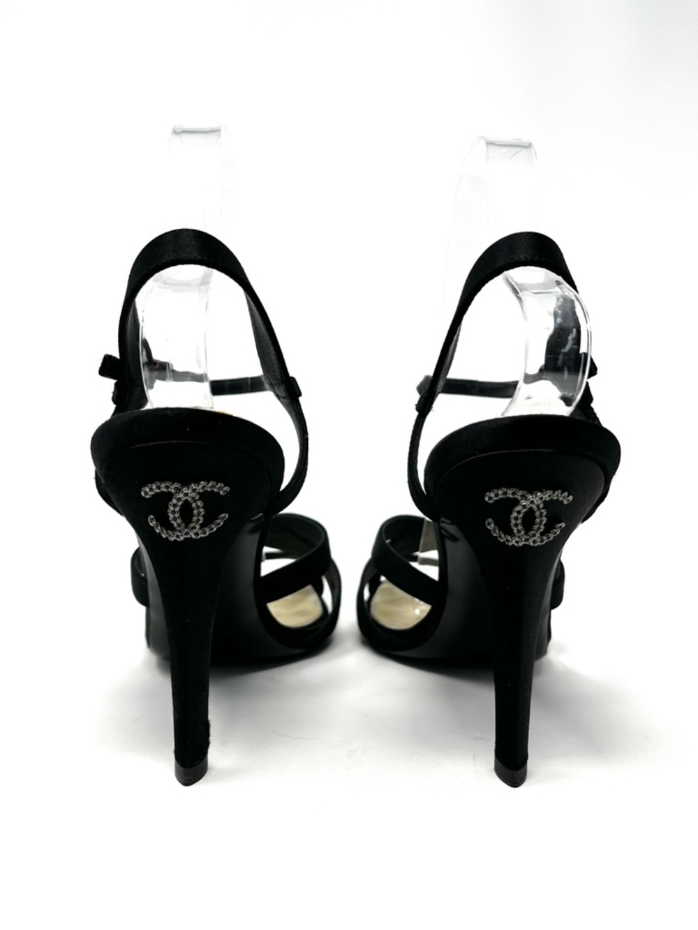 Chanel Strappy Black Satin Silver Crystal CC Logo High Heels Sandals Shoes 37 7 - Picture 4 of 11